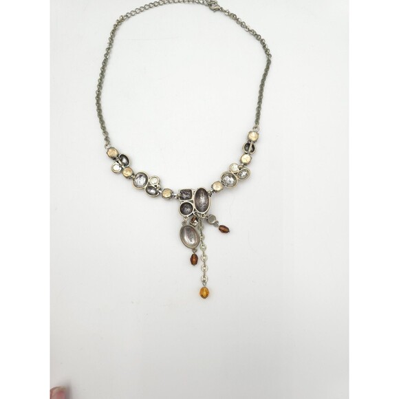 Vintage Faux Amber Rhinestone Silver Tone Dangle Bib Necklace & Earrings Boho - Picture 4 of 8